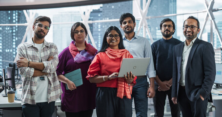 Group of Happy Multiethnic Indian Team of Female and Male Managers, Specialists and Business...