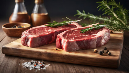 Two raw rib eye steaks on wooden board. Food prepared for grill. Tasty and organic. - obrazy, fototapety, plakaty
