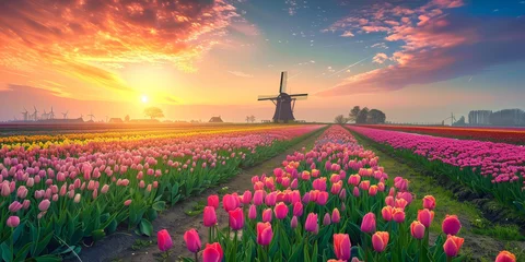Fotobehang Traditional Dutch windmill stands tall surrounded by vibrant tulip fields under a soft dawn sky in the Netherlands.. © bajita111122