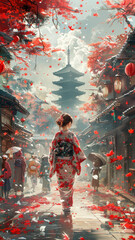 Stunning Japanese girl in kimono explores emotional Japan, reminiscent of "Spirited Away."generative ai