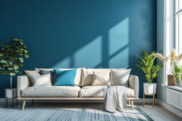 A modern living room featuring blue walls and a white couch, creating a stylish and minimalist interior design.