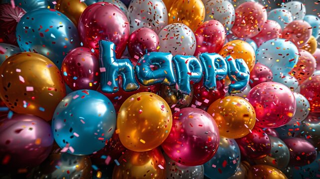the very colourful words " happy ",balloons party celebration,