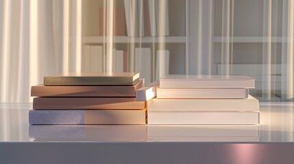 Six books arranged in a neat stack on a pristine white table, as viewed from an inviting front angle
