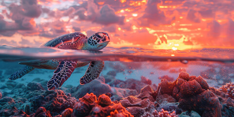A majestic sea turtle is seen entering the ocean, with the dramatic backdrop of a vibrant sunset...