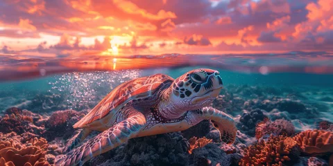 Fotobehang A majestic sea turtle is seen entering the ocean, with the dramatic backdrop of a vibrant sunset and soaring birds.. © bajita111122