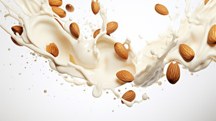 Fototapeta premium Almonds burst into a splash of milk, capturing a dynamic and creamy moment full of texture and movement.