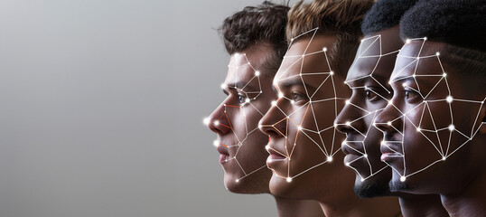 a row of different human faces representing digital identity, facial recognition and biometrics, with copy space