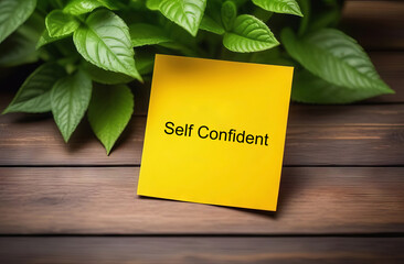 Yellow note on wooden table with text Self confidence,  inspirational quotes, stress, loneliness, depression, positive.  Self-love affirmation to boost self-esteem, overcome negative thought, anxiety