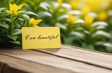 Yellow note on wooden table with text I am Beautiful,  inspirational quotes. Self-love affirmation to boost self-esteem, overcome negative thought, anxiety, stress, loneliness, depression, positive