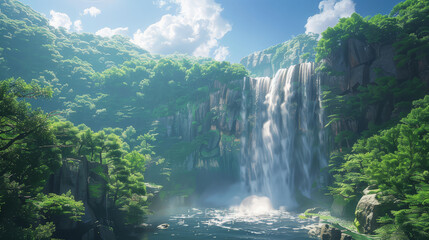 Fototapeta na wymiar A breathtaking panorama of a powerful waterfall cascading down a rocky cliff into a river, surrounded by a verdant mountain forest under a clear blue sky..