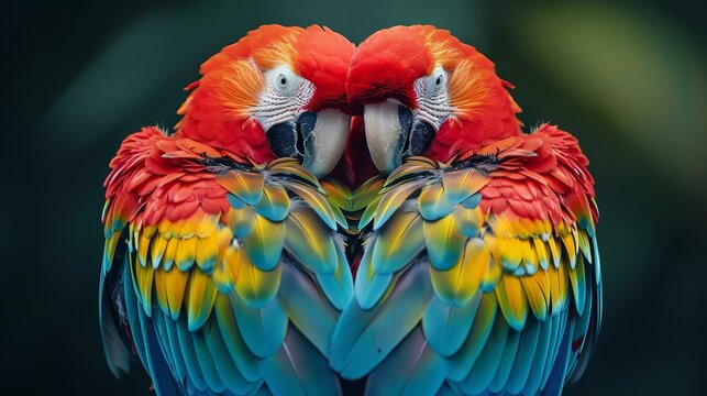 A mirrored image of two scarlet macaws, creating a heart shape with their vibrant, colorful feathers and beaks.