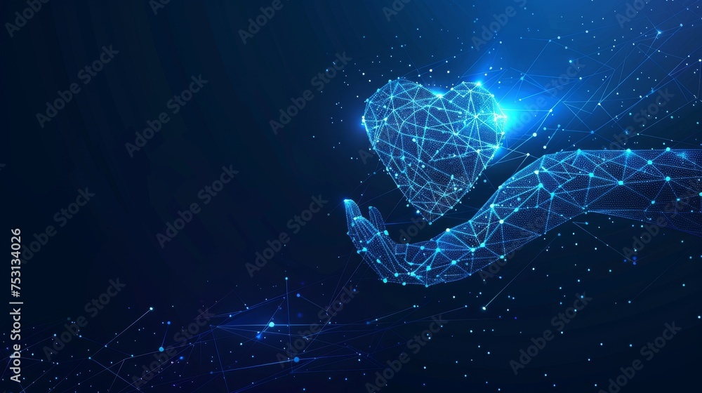 Leinwandbilder hand giving heart with low poly design. abstract geometric background. wireframe light connection st