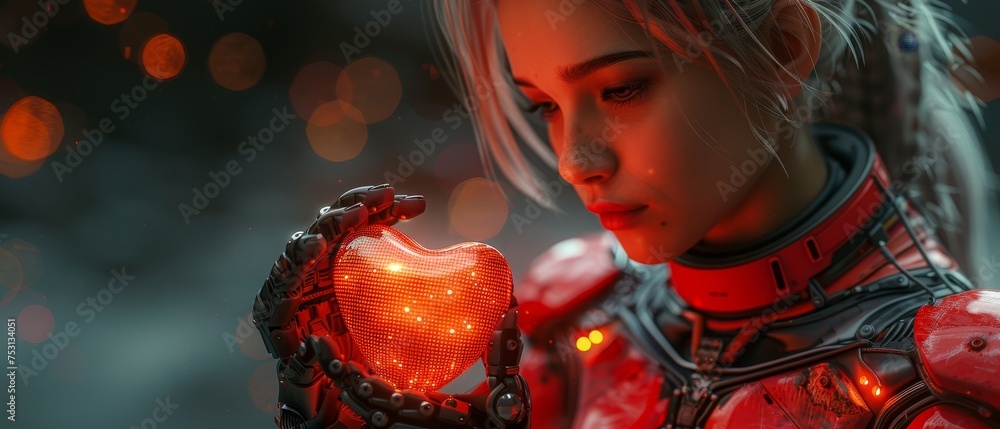 Poster the image shows a beautiful robot woman holding a pixel heart symbol of love. a banner in the style 
