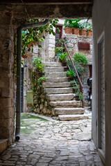 beautiful street of Rovinj Croatia with cobblestone and stairway