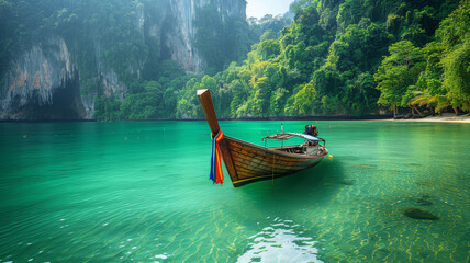 Naklejka na ściany i meble A traditional wooden longtail boat floats in a serene turquoise cove surrounded by lush green cliffs, epitomizing Thailand's tropical paradise..