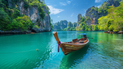A traditional wooden longtail boat floats in a serene turquoise cove surrounded by lush green cliffs, epitomizing Thailand's tropical paradise..