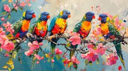 A lively painting depicts a row of colorful parrots on a blossoming branch, blending abstract art with natural beauty.