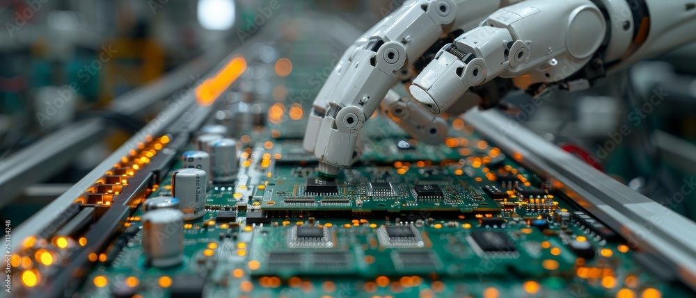 Poster on an assembly line, an industrial robot manipulator places electronic components on electronic circ