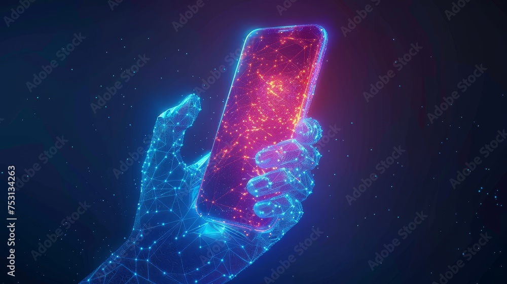 Poster low-poly wireframe illustration. abstract starry sky and cosmos style in blue. screen and arm palm o