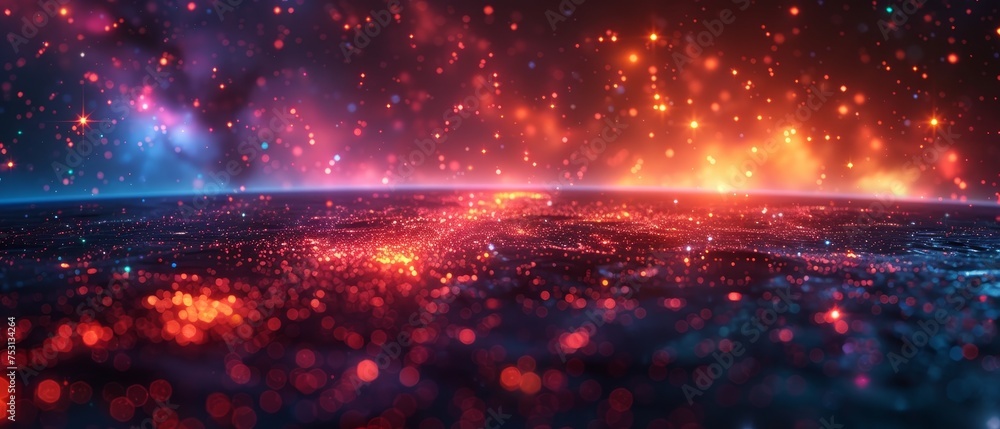Poster A  arrow pointing up on a laptop. Abstract picture of finance growth in the form of a starry sky or space, with points, lines, and shapes representing planets, stars, and the universe.