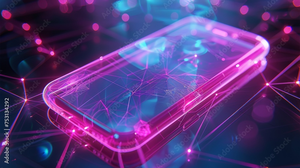 Poster a minimalist mobile phone concept with a white screen and low poly style. geometric background. wire