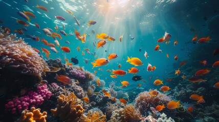 A colorful underwater scene featuring a diverse array of tropical fish swimming among coral reefs..