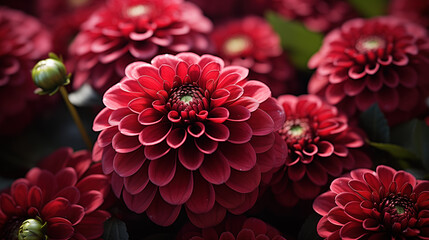 Red and burgundy dahlias, on a dark background.  Floral background