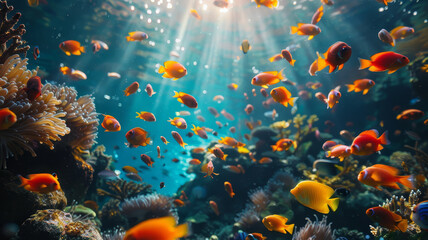 Fototapeta na wymiar A colorful underwater scene featuring a diverse array of tropical fish swimming among coral reefs..