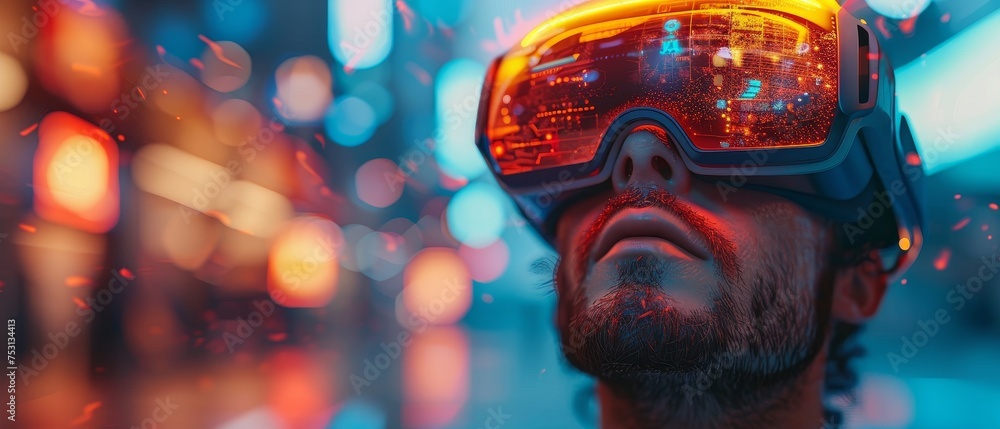 Aufkleber Digital computer entertainment technology. 3d rendering with man in augmented reality headset or VR glasses looking up in virtual simulation. 3D rendering with man in 3D headset or VR glasses looking