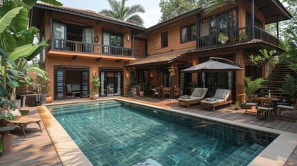 tropical resort with swimming pool and coconut palm trees
