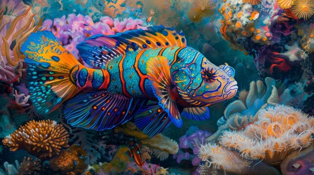 Digital artwork portraying a vibrantly colored mandarinfish swimming in a fantasy coral reef environment.