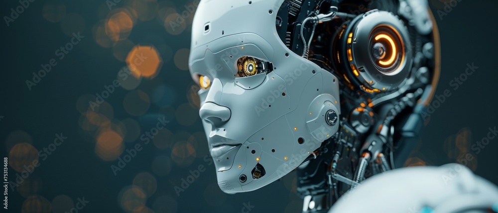 Poster Robot or chat bot head hanging over digital world map. Artificial intelligence communications with different areas of globe for business. Cyborg face analysis of global data.
