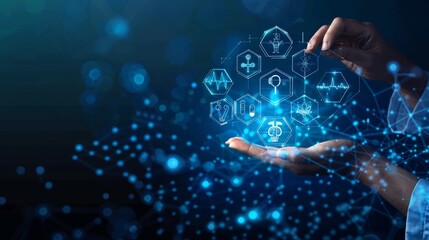 Medicinal icons on hexagons made into a pyramid with a hand holding the top element. Health care plane, patient service digital technology, AI integration, futuristic pharmacy innovation concept.