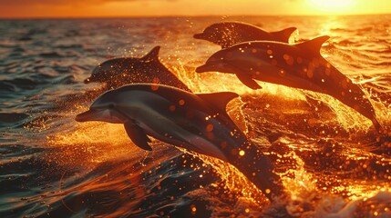 Pod of dolphins joyfully leaping above the ocean waves as the sun sets, casting a golden glow over the water. - obrazy, fototapety, plakaty