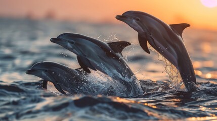 A harmonious pod of dolphins leaps from the water, silhouetted against the dusk light reflecting off the ocean. - obrazy, fototapety, plakaty