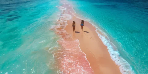 Fototapeten A parent and children walking hand in hand along a pristine sandy beach with clear turquoise waters under a sunny sky.. © bajita111122