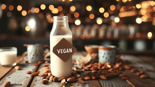 Close up bottle of almond milk with a "VEGAN" label surrounded by nuts nearby on a wooden table on a plain light background with copyspace