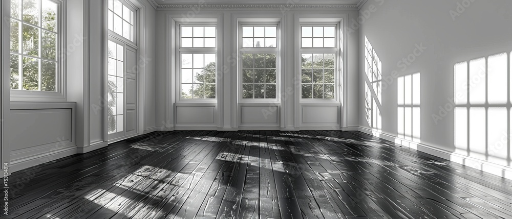 Poster view of an empty white room with a dark laminate floor. classic interior style. architecture of a bl