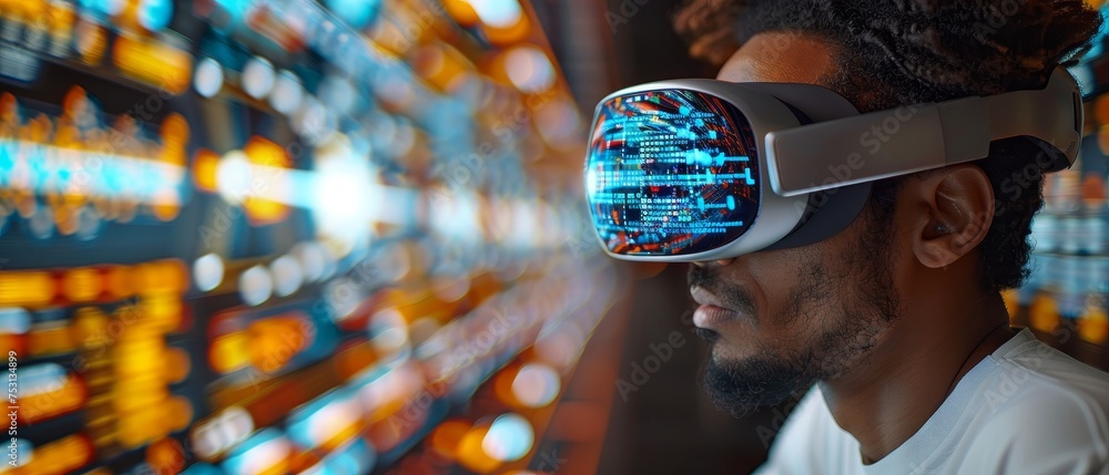 Poster Software developer coding programm text in VR interface. Developer of computer code. Futuristic concept in computer technology. Man wearing glasses.