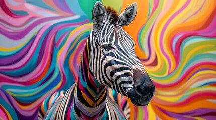 Fototapeta na wymiar Portrait of a zebra against a mesmerizing background with colorful swirl patterns.