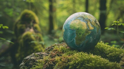 European and African globes resting on moss in a forest - concept of environment - obrazy, fototapety, plakaty