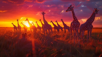 A serene scene of a giraffe family silhouetted against a fiery sunset in the savannah.