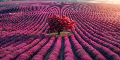 The warm sunset bathes purple lavender fields in a soft, enchanting light, highlighting the beauty...