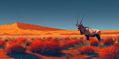 Fotobehang A majestic oryx antelope stands atop a sand dune against a vibrant orange desert background.. © bajita111122