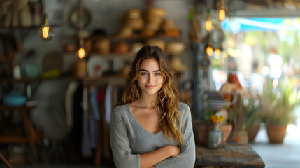 young woman fashion business owner posing at a clothing store.