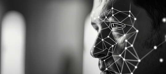 holographic 3d mesh of a persons face, representing biometrics, cyber security and facial recognition software, with copy space