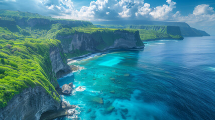 Fototapeta premium Aerial shot of vibrant green cliffs descending into the stunning turquoise waters of a serene tropical coastline..