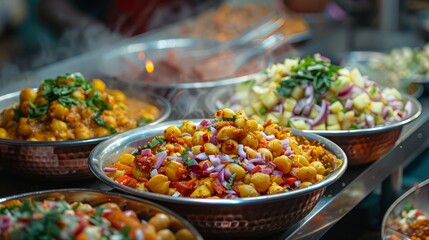 Obraz premium Steaming mixed vegetable dishes garnished with herbs in metal bowls, showcasing vibrant Indian cuisine.
