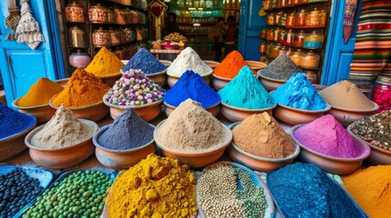 An array of colorful spice pyramids beautifully arranged in a market stall, with a vibrant display of textures and hues.