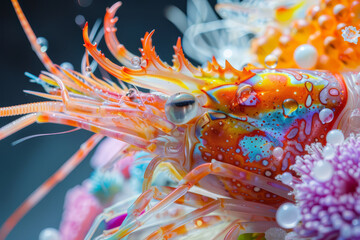 Two vibrant peacock mantis shrimps stand out among the coral reef, showcasing their striking colors and intricate patterns..